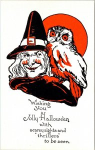 Vintage Metropolitan News Scary Witch & Owl Antique Halloween Postcard UNPOSTED