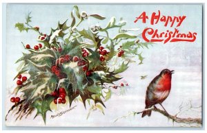 c1910's Christmas Song Bird Holly Berries Mistletoe Oilette Tuck's Postcard