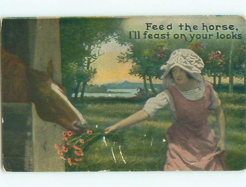 Pre-Linen Risque FEAST ON THE LOOKS OF PRETTY GIRL FEEDING HORSE AB8293