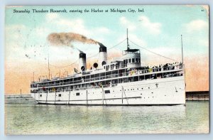 Michigan City Indiana Postcard Steamship Theodore Roosevelt Entering Harbor 1909