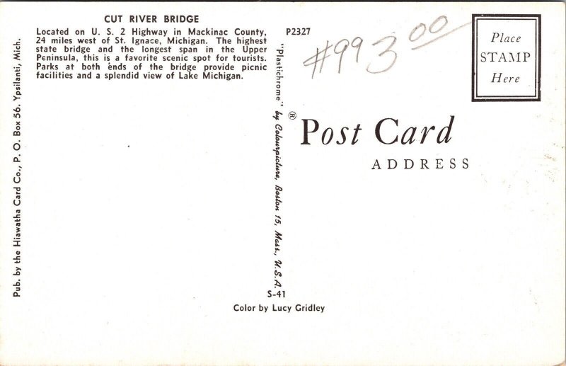 Cut River Bridge Mackinac County Lake Michigan MI Postcard Plastichrome UNP VTG 