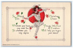 1919 Christmas Girl Poinsettia Flowers Tied Seal Tuck's Posted Antique Postcard 