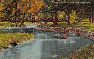 FORT DODGE, IA Iowa  CRAWFORD PARK Men~Rowboat~Lake WEBSTER CO c1940's  Postcard