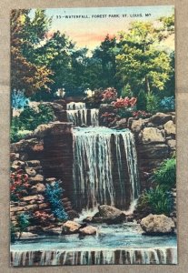 VINTAGE LINEN POSTCARD UNUSED - WATERFALL, FOREST PARK, ST. LOUIS, MISSOURI