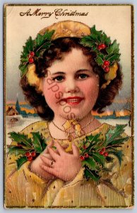 K50/ Christmas Love Holiday Postcard c1910 Pretty Girl Gold-Trimmed Smile 69