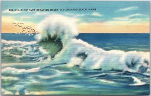 Maine ME, Sea Gulls Dip Over Breaking Waves, Old Orchard Ocean Beach, Postcard