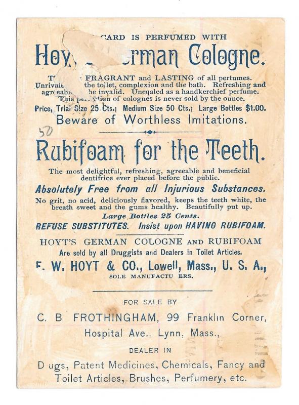 Victorian Trade Card Hoyts German Cologne Rubifoam for Teeth Lynn MA Frothingham