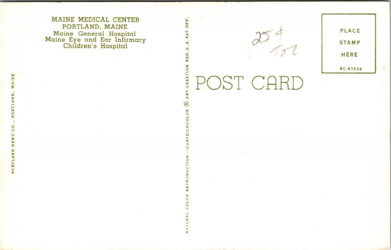 Maine Medical Center Portland ME Hospital EyE Ear Postcard VTG UNP Curteich  