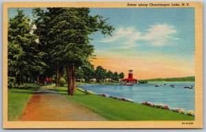 Vtg Scene Along Chautauqua Lake Shoreline New York NY 1930s Linen View Postcard