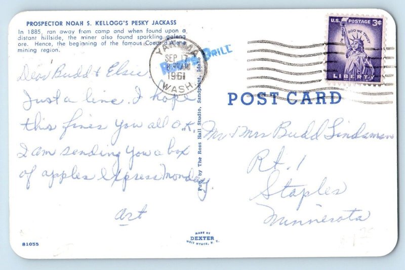 Coeur D'Alene Idaho Postcard Prospector Noah Kellogg's Pesky Jackass Camp c1961