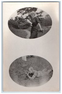 c1910's Couple Romance Reading Book Gun Rifle Antique RPPC Photo Postcard