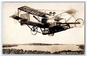 c1910 Airplane Studio Surreal Women Flying Lake Hopatcong NJ RPPC Photo Postcard 