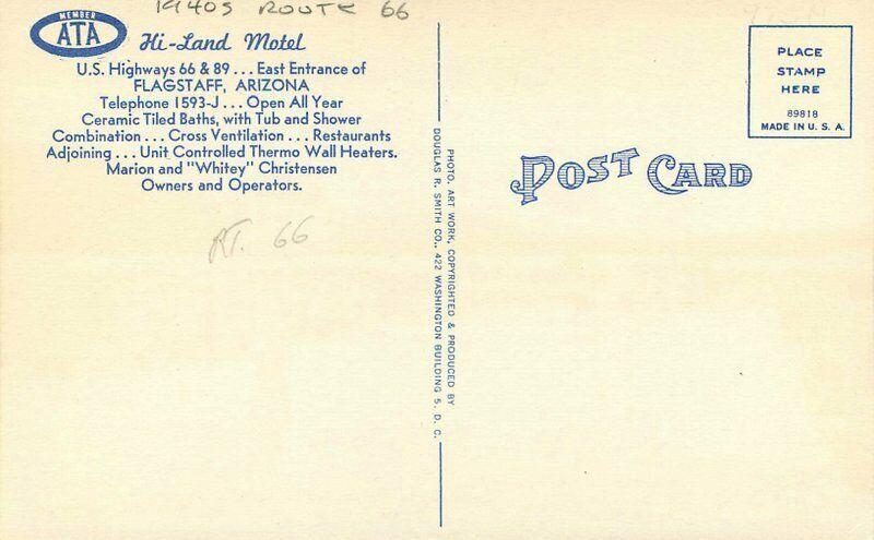 Flagstaff Arizona 1940s Route 66 Hi-Land 66-89 Postcard Smith roadside 3281