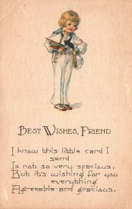 c1910 Best Wishes Friend Greetings Cute Little Navy Girl Boat Vintage Postcard