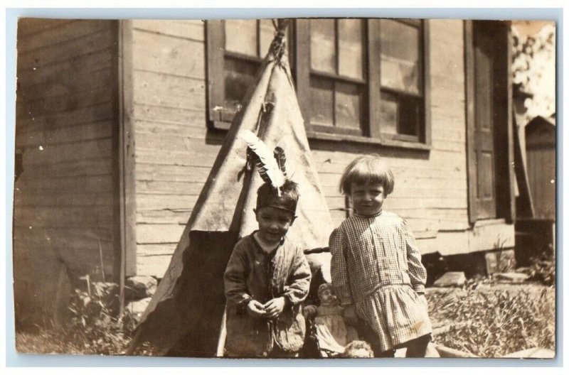 c1910's Children Kids Native American Indian Costume Teepee  RPPC Photo Postcard