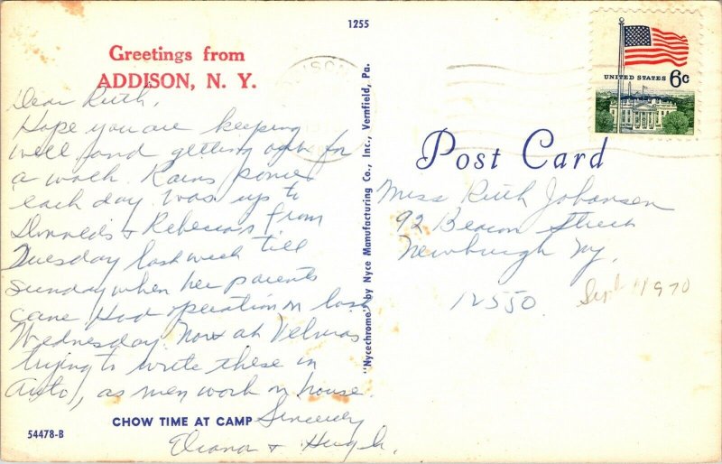 Greetings Addison NY New York  Camping Lake Canoe VTG Postcard PM Cancel WOB 