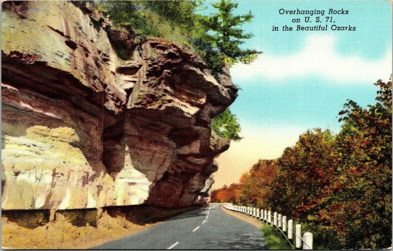 Overhanging Rocks US 71 Ozarks Linen Postcard VTG UNP Unused Curteich Vintage 