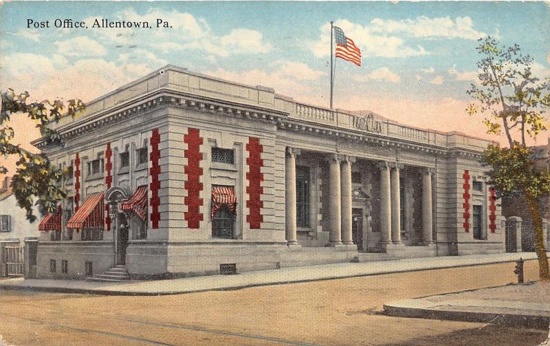 Allentown Pennsylvania~US Post Office~Greek Ionic Columns~Red/White Awnings~1917