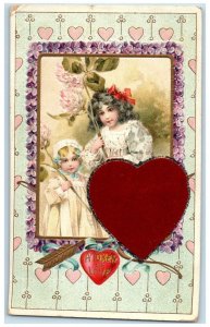 1909 Valentine Heart Girls Flowers A Token Of Love Woodland Maine ME Postcard