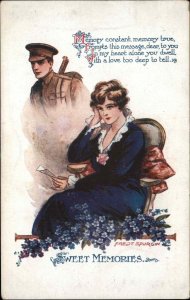 A/s FRED SPURGIN WWI Woman Thinks About Missing Soldier Antique Postcard