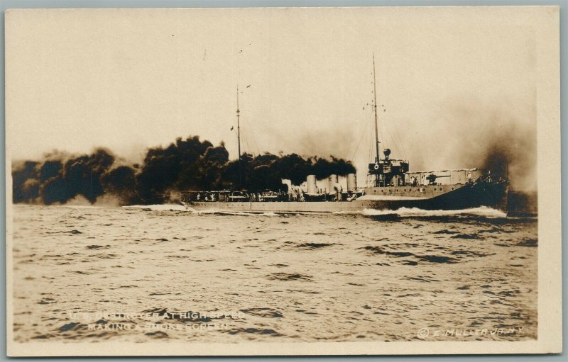 MILITARY SHIP US DESTROYER MAKING SMOKE SCREEN ANTIQUE REAL PHOTO POSTCARD RPPC
