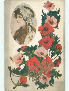 Pre-Linen art nouveau PRETTY GIRL WEARING FLOWER HEADBAND J3166