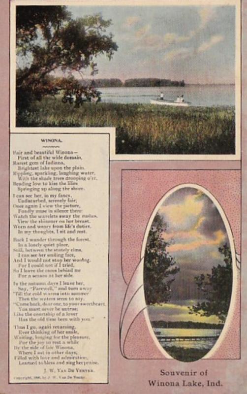 Indiana Winona Lake Souvenir With Poem By J W Van De Venter 1911