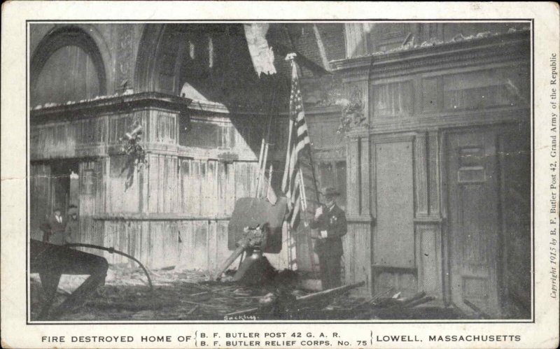 Lowell Massachusetts MA GAR Soldier American Flag Fire Damage Vintage Postcard