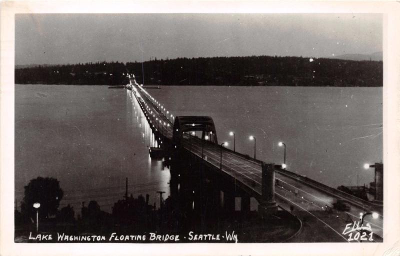 SEATTLE WA~LAKE WASHINGTON FLOATING BRIDGE~NIGHT VIEW~REAL PHOTO POSTCARD 1952