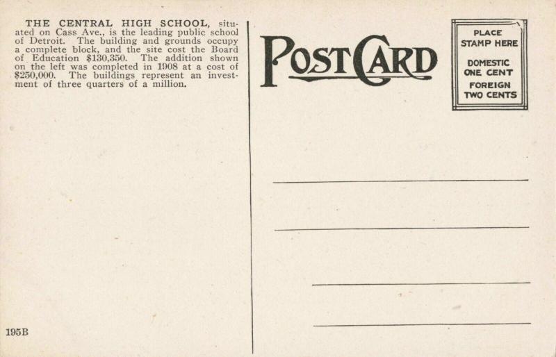 Postcard Central High School Detroit Michigan