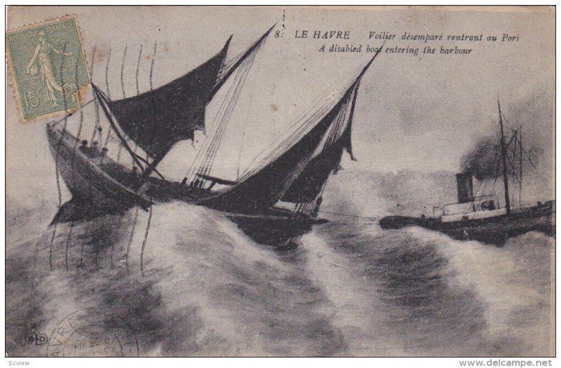 LE HAVRE, Seine Maritime, France; A disabled boat entering the harbour, Tug B...