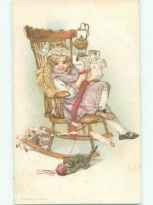Pre-Linen KITTEN CAT PLAYS WITH KNITTING YARN AC1860