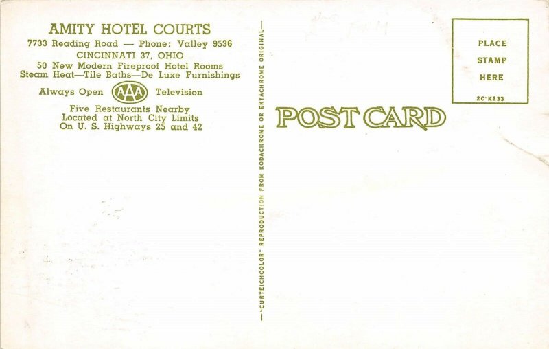 Cincinnati Ohio 1950s Postcard Amity Hotel Courts