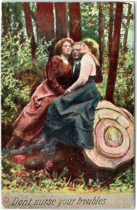 Don't nurse your troubles -- Man sitting with two women threesome postcard 1910