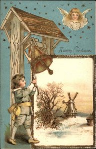 Christmas - Angel & Boy Ringing Bell Windmill Gold Embossed c1910 Postcard