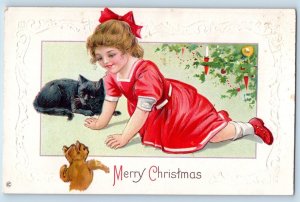 Christmas Postcard Little Girl With Cat Playing Bear Embossed c1910's Antique