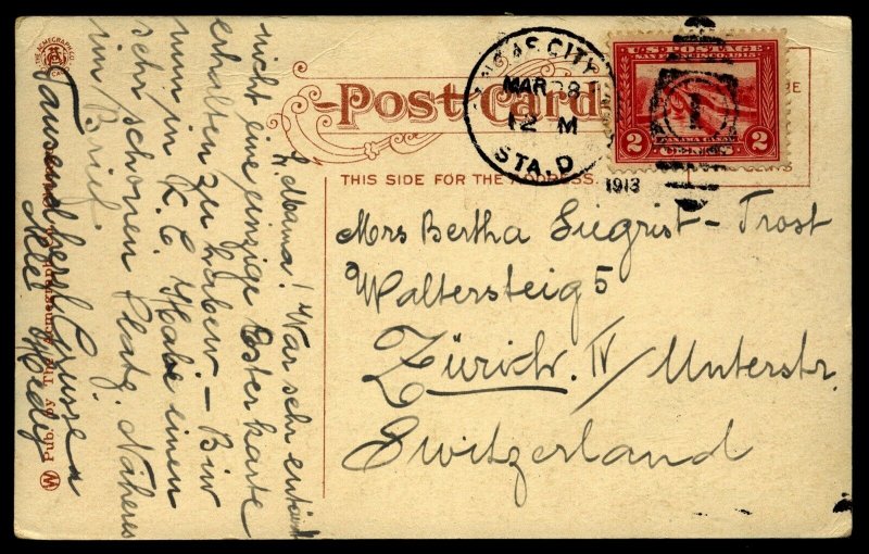 US Scott 398 on 1913 Postcard  sunken gardens Kansas City Mo. to Zurich