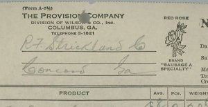 1945 The Provision Company Columbus GA Red Rose Sausage Invoice 317