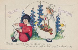 Easter Greetings - Boy Reading - Girl with Flowers - DB