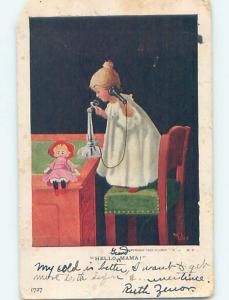 Pre-1907 signed GIRL PUTS DOWN DOLL TO USE ANTIQUE TELEPHONE ho3862