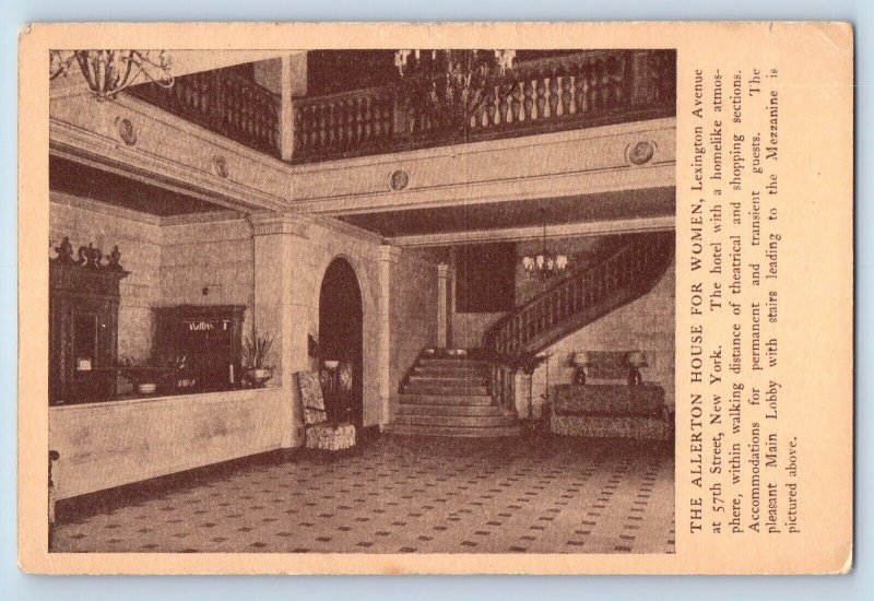 Lexington New York NY Postcard Allerton House Women Hotel Interior Lobby c1940