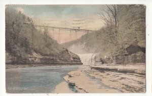 P3241 1920 postcard genesee gorge upper falls portage bridge river water falls