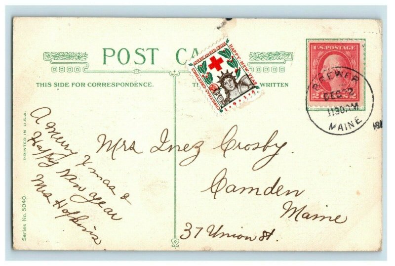 c.1910 Cheery Christmas Poem w/1918 Red Cross Stamp Vintage Postcard P51 