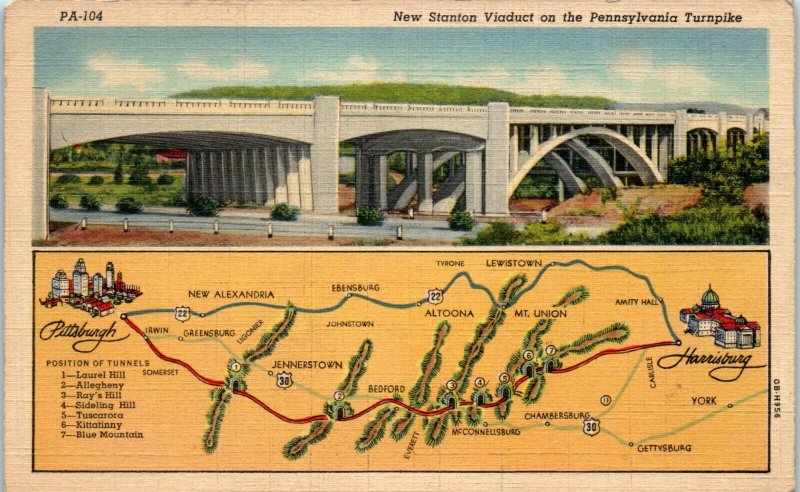 1940s New Stanton Viaduct on the Pennsylvania Turnpike Map Postcard