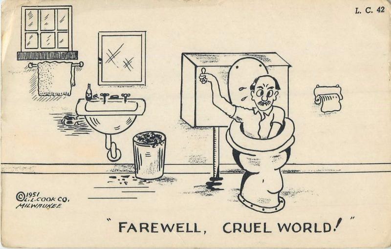 Farewell cruel world ! man into toilet comic caricature postcard 1951 humour