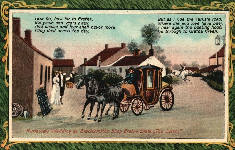 Vintage Postcard Runaway Wedding At Blacksmith Shop Gretna Green Carriage