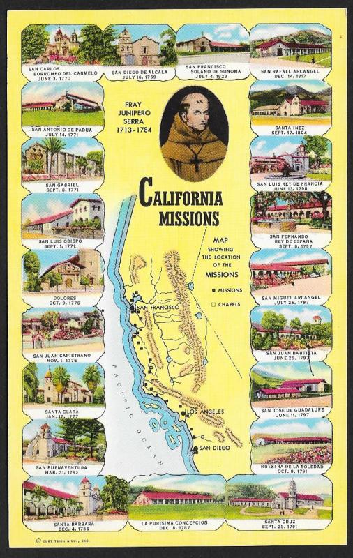 Map & Views of California Spanish Missions California Unused c1955