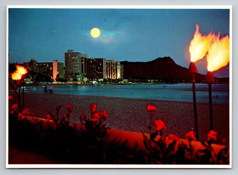 Moonlight Over Diamond Head Waikiki Beach Hawaii Vintage Unposted Postcard