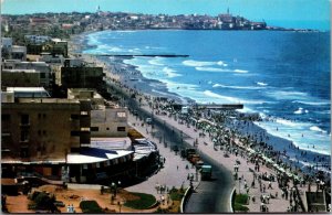 Vtg Tel Aviv Israel Sea Shore Street View Old Cars Crowded Beach Postcard