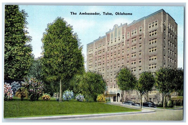Tulsa Oklahoma OK Postcard The Ambassador Hotel Building c1940's Vintage Cars